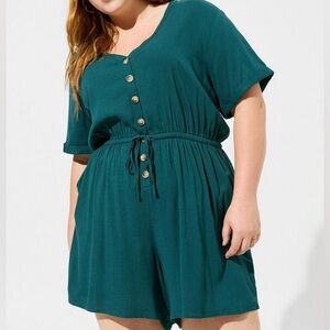 Torrid Rayon Slub Button Front Romper - Deep Teal